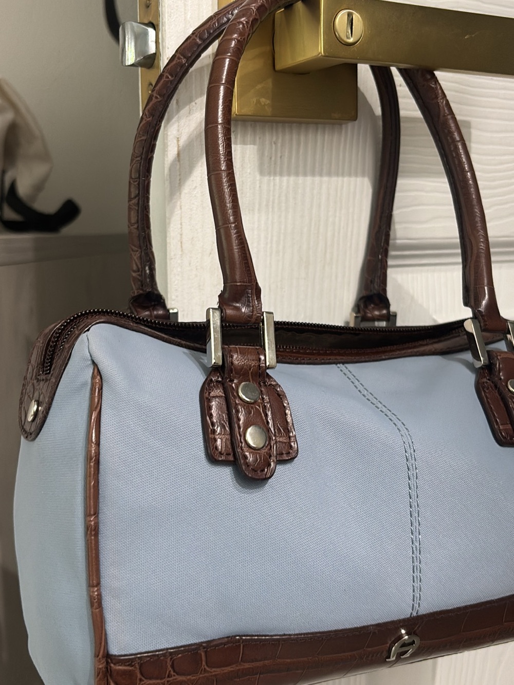 Vintage Etienne Aigner Two-Tone Barrel Satchel - Light Blue & Brown Croc Trim - Picture 2 of 5
